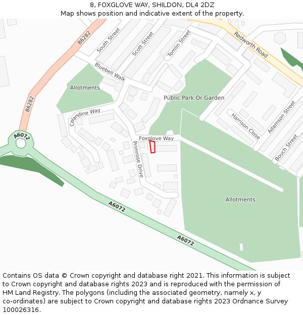 8, FOXGLOVE WAY, SHILDON, DL4 2DZ: Location map and indicative extent of plot