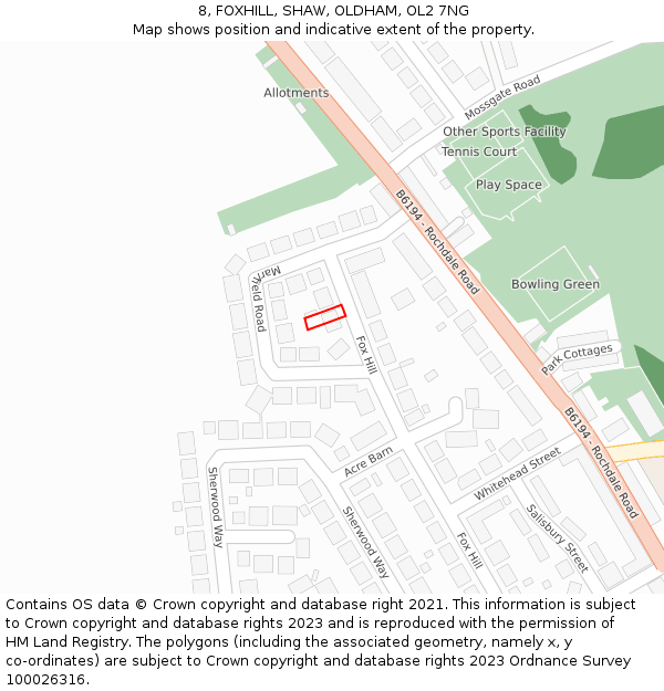 8, FOXHILL, SHAW, OLDHAM, OL2 7NG: Location map and indicative extent of plot