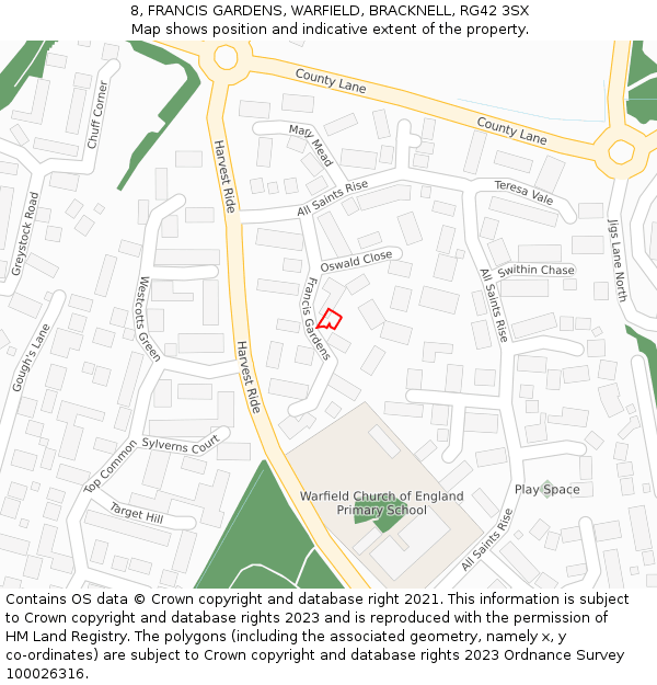 8, FRANCIS GARDENS, WARFIELD, BRACKNELL, RG42 3SX: Location map and indicative extent of plot
