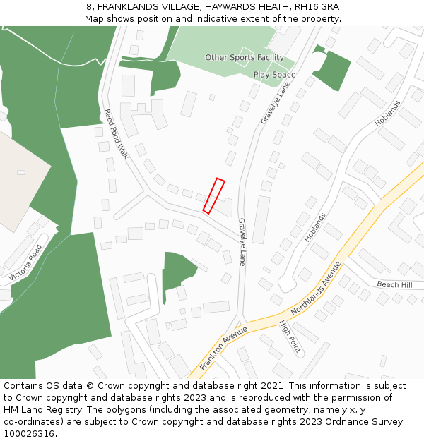 8, FRANKLANDS VILLAGE, HAYWARDS HEATH, RH16 3RA: Location map and indicative extent of plot