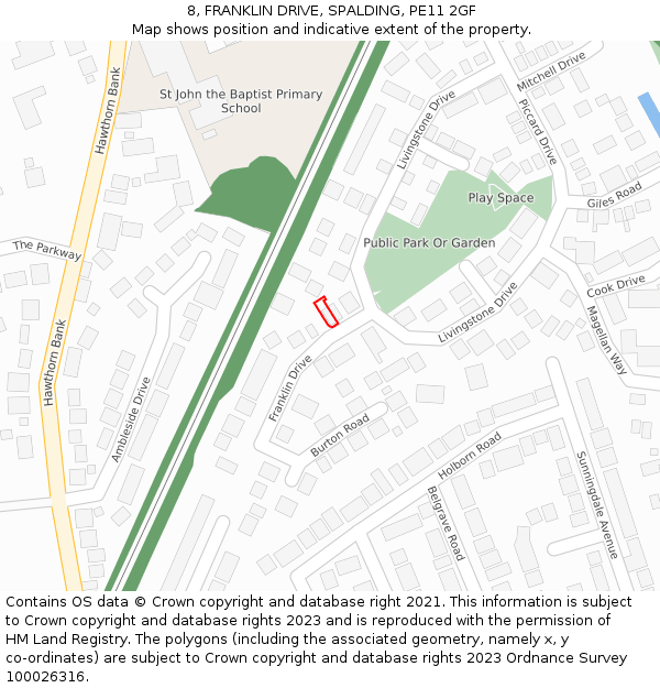 8, FRANKLIN DRIVE, SPALDING, PE11 2GF: Location map and indicative extent of plot