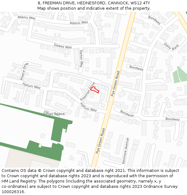 8, FREEMAN DRIVE, HEDNESFORD, CANNOCK, WS12 4TY: Location map and indicative extent of plot