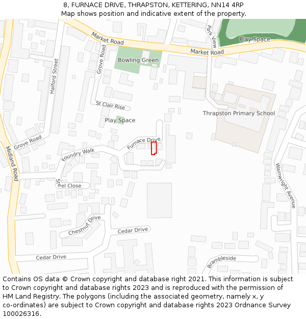 8, FURNACE DRIVE, THRAPSTON, KETTERING, NN14 4RP: Location map and indicative extent of plot