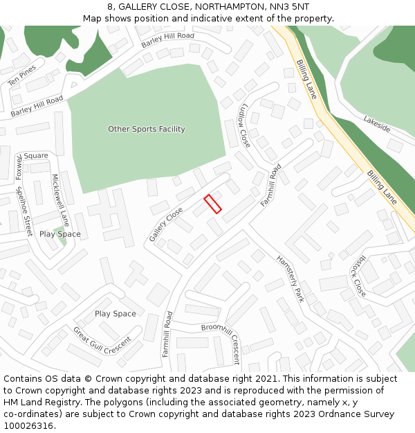 8, GALLERY CLOSE, NORTHAMPTON, NN3 5NT: Location map and indicative extent of plot