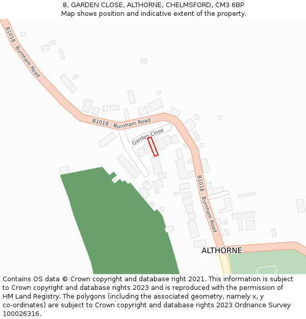 8, GARDEN CLOSE, ALTHORNE, CHELMSFORD, CM3 6BP: Location map and indicative extent of plot