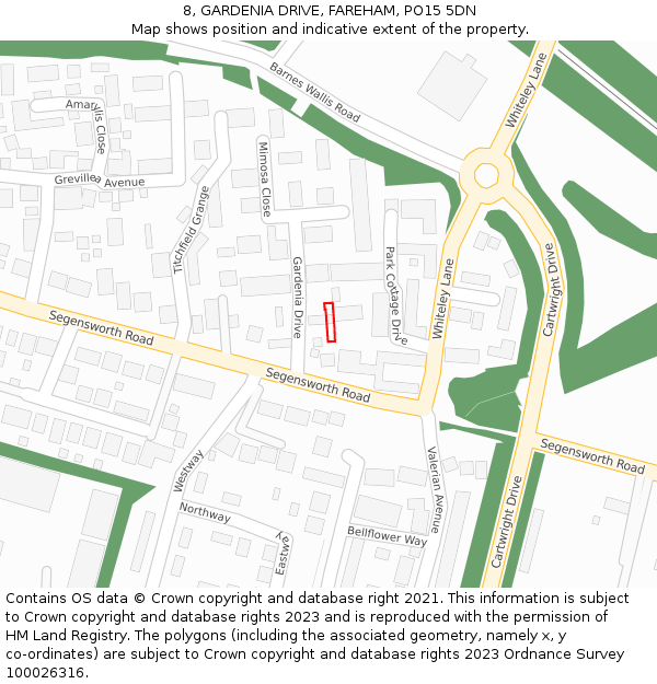 8, GARDENIA DRIVE, FAREHAM, PO15 5DN: Location map and indicative extent of plot