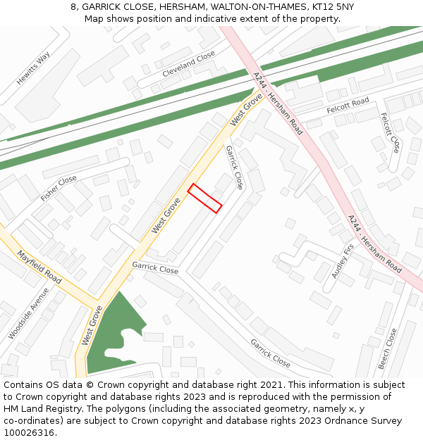 8, GARRICK CLOSE, HERSHAM, WALTON-ON-THAMES, KT12 5NY: Location map and indicative extent of plot