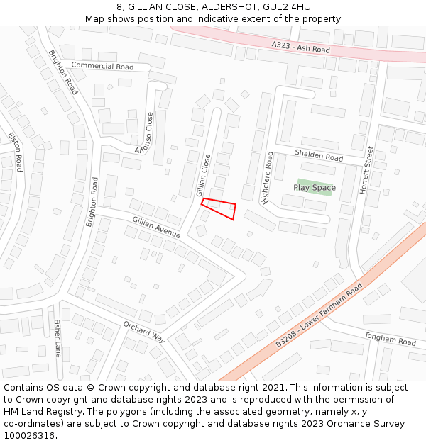 8, GILLIAN CLOSE, ALDERSHOT, GU12 4HU: Location map and indicative extent of plot