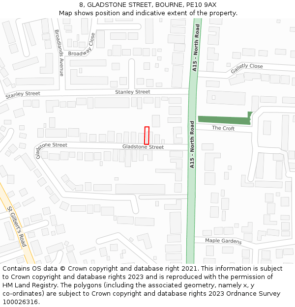 8, GLADSTONE STREET, BOURNE, PE10 9AX: Location map and indicative extent of plot