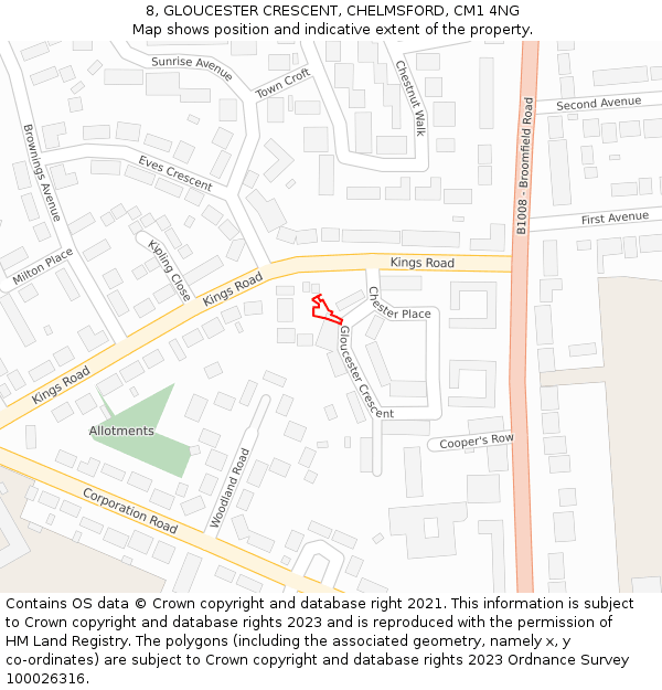 8, GLOUCESTER CRESCENT, CHELMSFORD, CM1 4NG: Location map and indicative extent of plot