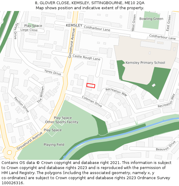 8, GLOVER CLOSE, KEMSLEY, SITTINGBOURNE, ME10 2QA: Location map and indicative extent of plot