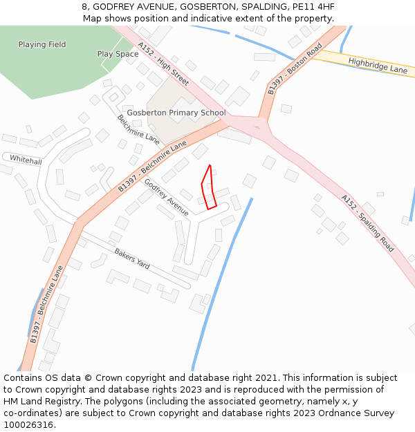 8, GODFREY AVENUE, GOSBERTON, SPALDING, PE11 4HF: Location map and indicative extent of plot