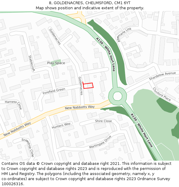 8, GOLDENACRES, CHELMSFORD, CM1 6YT: Location map and indicative extent of plot