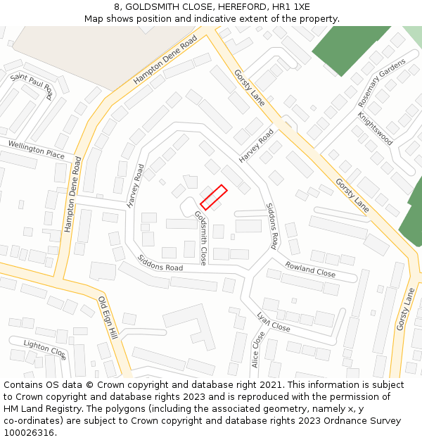 8, GOLDSMITH CLOSE, HEREFORD, HR1 1XE: Location map and indicative extent of plot