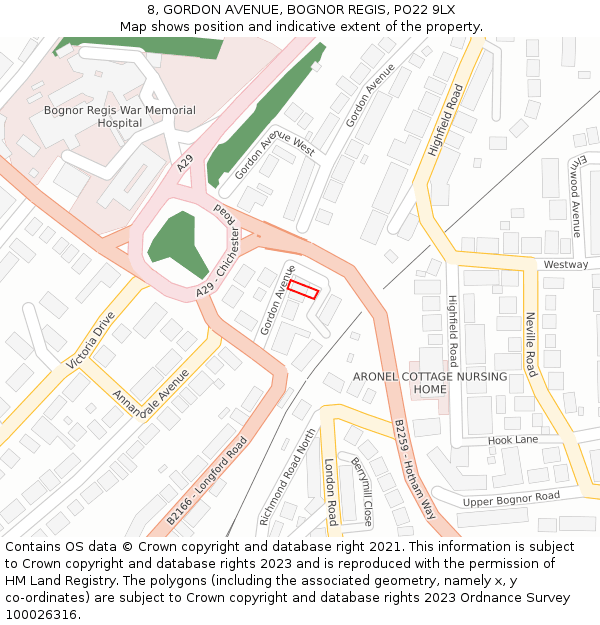 8, GORDON AVENUE, BOGNOR REGIS, PO22 9LX: Location map and indicative extent of plot