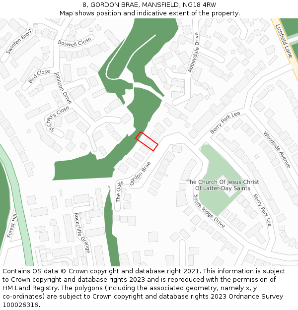 8, GORDON BRAE, MANSFIELD, NG18 4RW: Location map and indicative extent of plot