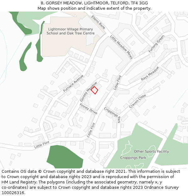 8, GORSEY MEADOW, LIGHTMOOR, TELFORD, TF4 3GG: Location map and indicative extent of plot
