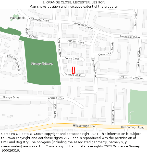 8, GRANGE CLOSE, LEICESTER, LE2 9GN: Location map and indicative extent of plot