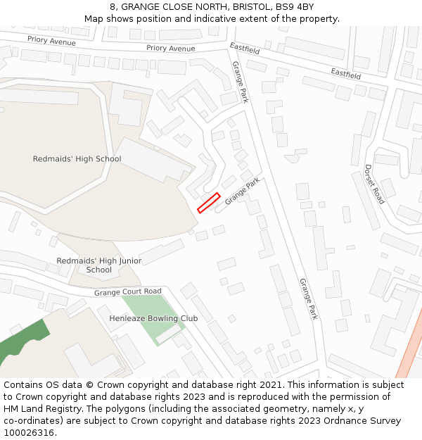 8, GRANGE CLOSE NORTH, BRISTOL, BS9 4BY: Location map and indicative extent of plot