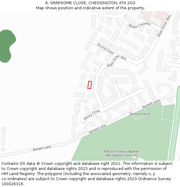 8, GRAPSOME CLOSE, CHESSINGTON, KT9 2SG: Location map and indicative extent of plot