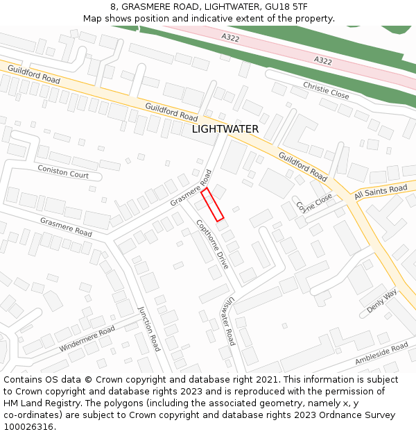 8, GRASMERE ROAD, LIGHTWATER, GU18 5TF: Location map and indicative extent of plot