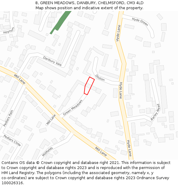 8, GREEN MEADOWS, DANBURY, CHELMSFORD, CM3 4LD: Location map and indicative extent of plot