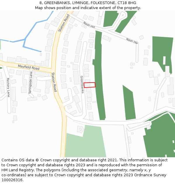 8, GREENBANKS, LYMINGE, FOLKESTONE, CT18 8HG: Location map and indicative extent of plot