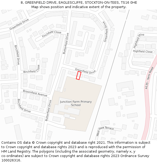 8, GREENFIELD DRIVE, EAGLESCLIFFE, STOCKTON-ON-TEES, TS16 0HE: Location map and indicative extent of plot