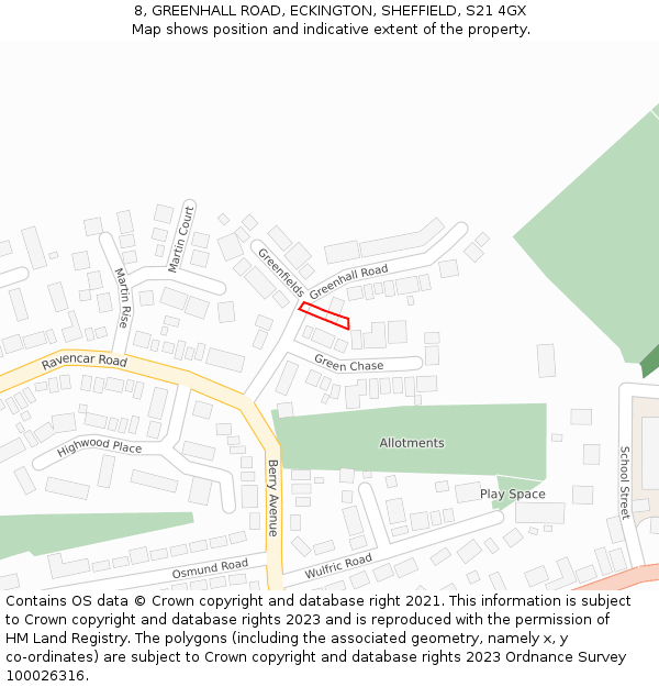 8, GREENHALL ROAD, ECKINGTON, SHEFFIELD, S21 4GX: Location map and indicative extent of plot