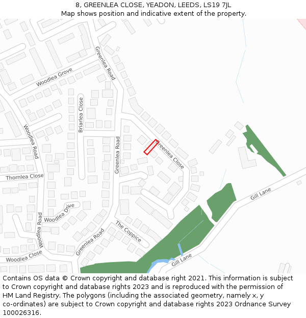 8, GREENLEA CLOSE, YEADON, LEEDS, LS19 7JL: Location map and indicative extent of plot