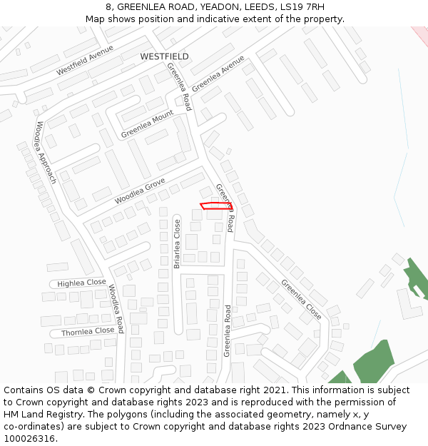 8, GREENLEA ROAD, YEADON, LEEDS, LS19 7RH: Location map and indicative extent of plot