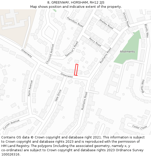 8, GREENWAY, HORSHAM, RH12 2JS: Location map and indicative extent of plot