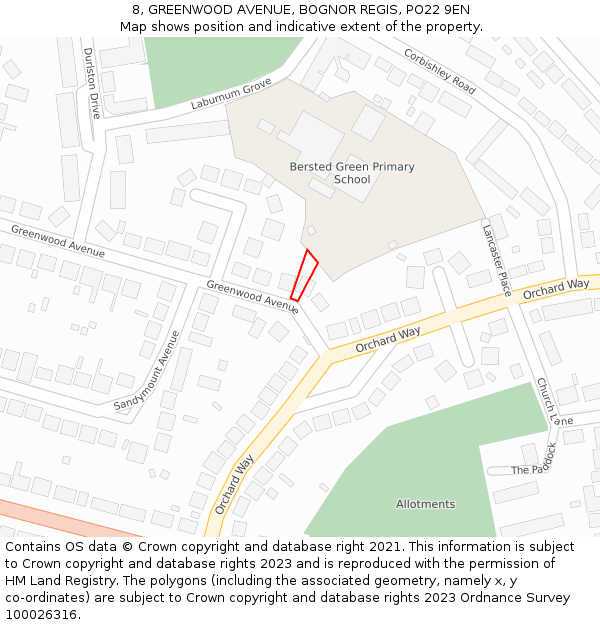 8, GREENWOOD AVENUE, BOGNOR REGIS, PO22 9EN: Location map and indicative extent of plot