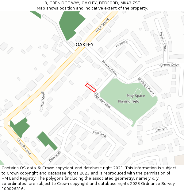 8, GRENIDGE WAY, OAKLEY, BEDFORD, MK43 7SE: Location map and indicative extent of plot