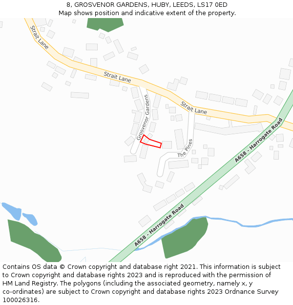 8, GROSVENOR GARDENS, HUBY, LEEDS, LS17 0ED: Location map and indicative extent of plot