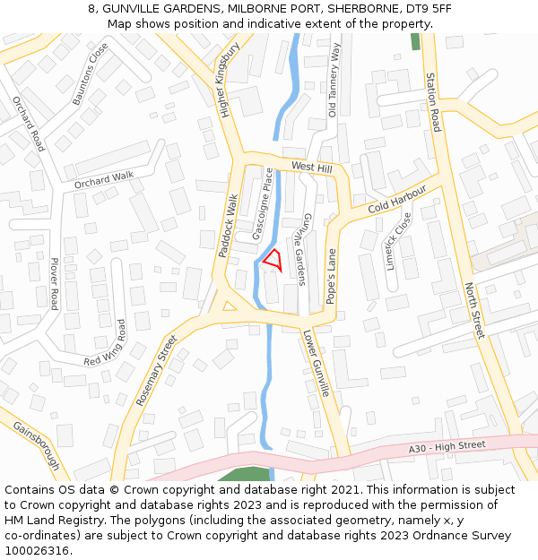 8, GUNVILLE GARDENS, MILBORNE PORT, SHERBORNE, DT9 5FF: Location map and indicative extent of plot