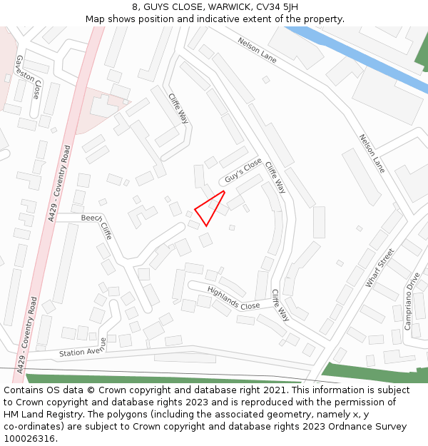 8, GUYS CLOSE, WARWICK, CV34 5JH: Location map and indicative extent of plot