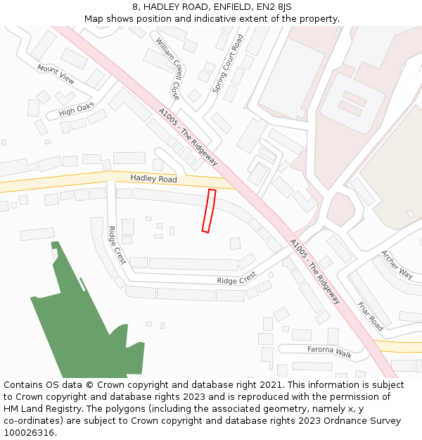 8, HADLEY ROAD, ENFIELD, EN2 8JS: Location map and indicative extent of plot