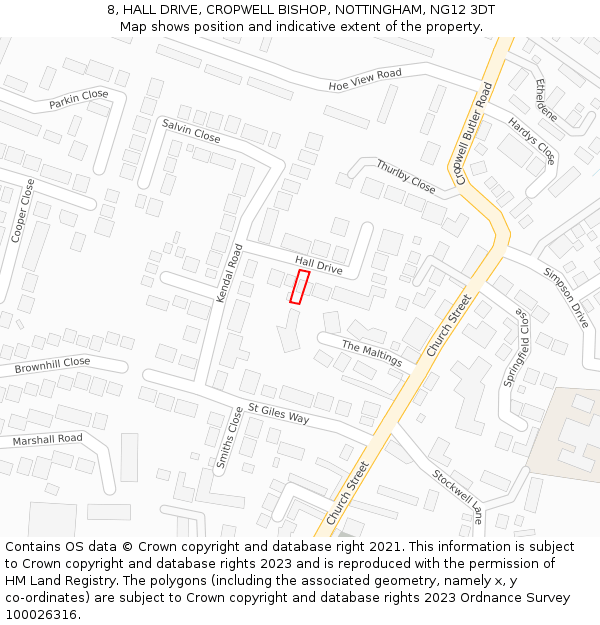 8, HALL DRIVE, CROPWELL BISHOP, NOTTINGHAM, NG12 3DT: Location map and indicative extent of plot