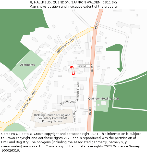 8, HALLFIELD, QUENDON, SAFFRON WALDEN, CB11 3XY: Location map and indicative extent of plot