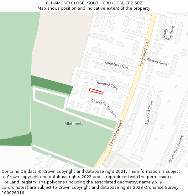 8, HAMOND CLOSE, SOUTH CROYDON, CR2 6BZ: Location map and indicative extent of plot