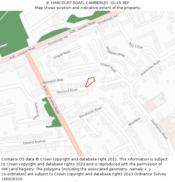 8, HARCOURT ROAD, CAMBERLEY, GU15 3EP: Location map and indicative extent of plot