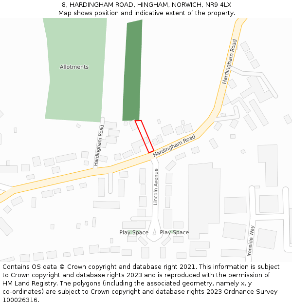 8, HARDINGHAM ROAD, HINGHAM, NORWICH, NR9 4LX: Location map and indicative extent of plot