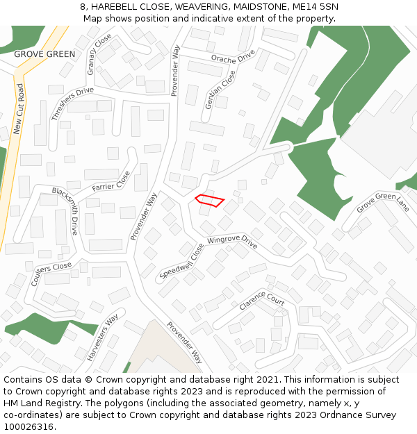 8, HAREBELL CLOSE, WEAVERING, MAIDSTONE, ME14 5SN: Location map and indicative extent of plot