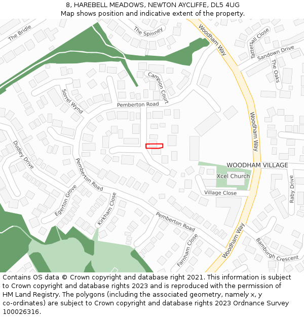 8, HAREBELL MEADOWS, NEWTON AYCLIFFE, DL5 4UG: Location map and indicative extent of plot