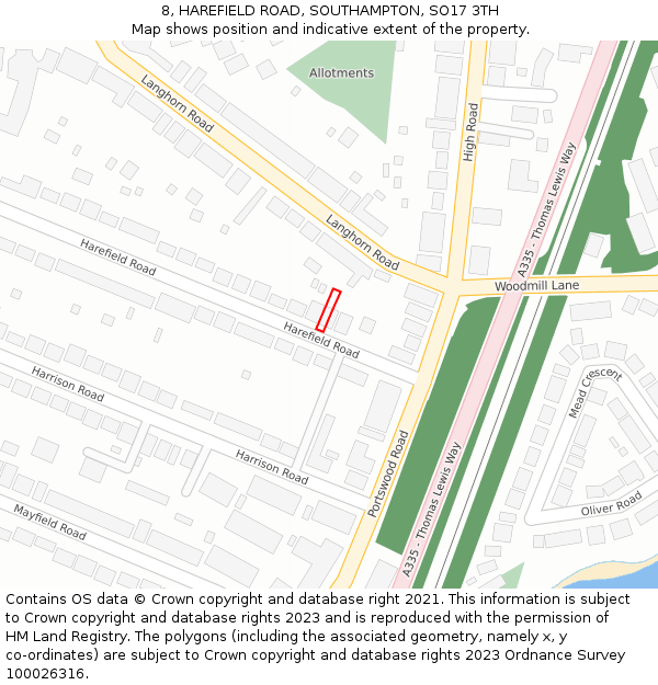 8, HAREFIELD ROAD, SOUTHAMPTON, SO17 3TH: Location map and indicative extent of plot