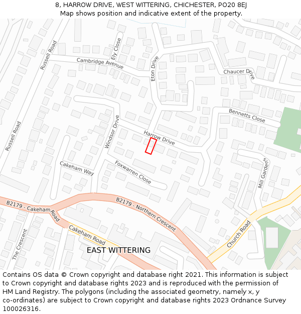 8, HARROW DRIVE, WEST WITTERING, CHICHESTER, PO20 8EJ: Location map and indicative extent of plot