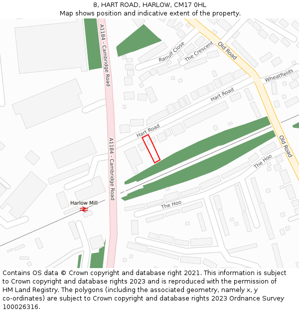 8, HART ROAD, HARLOW, CM17 0HL: Location map and indicative extent of plot