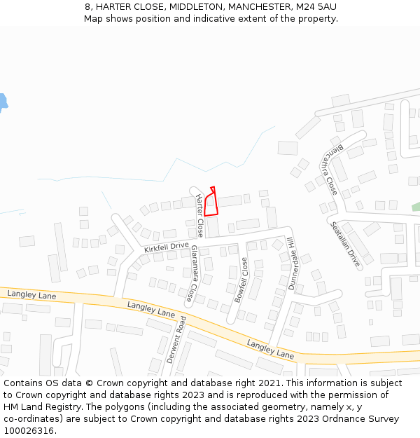 8, HARTER CLOSE, MIDDLETON, MANCHESTER, M24 5AU: Location map and indicative extent of plot