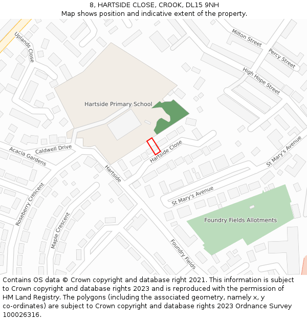 8, HARTSIDE CLOSE, CROOK, DL15 9NH: Location map and indicative extent of plot